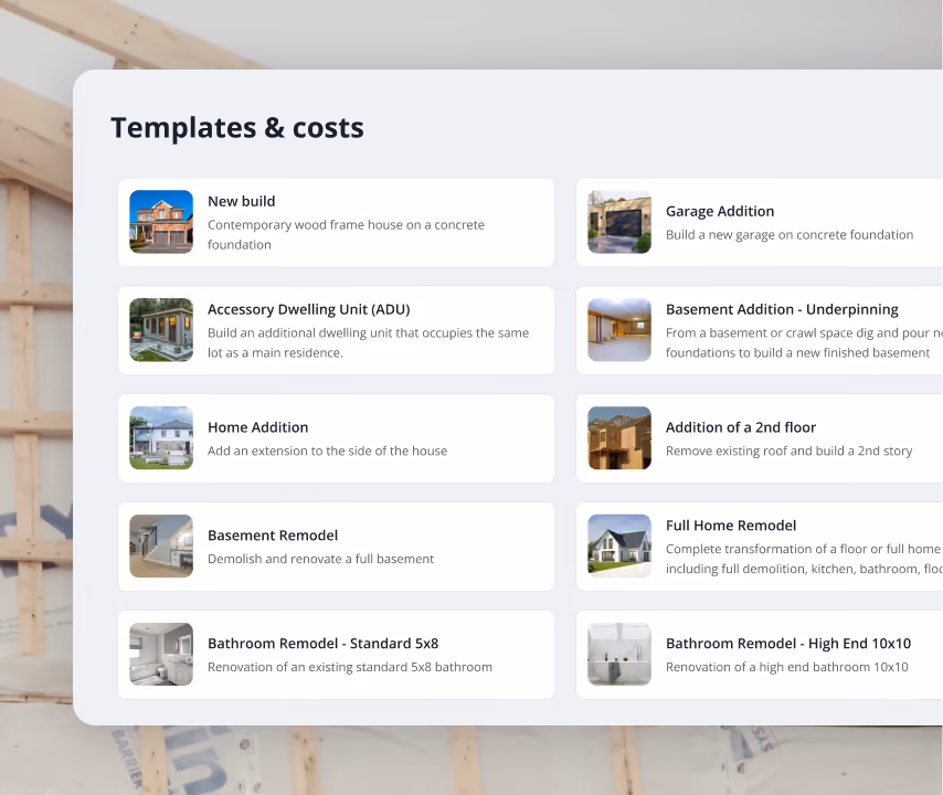 Reusable Billdr home templates for new builds, ADUs, additions, garages and full home remodels