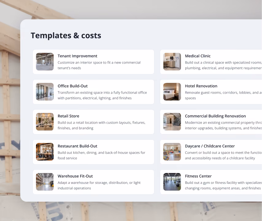 Billdr estimate templates for tenant improvements, office build-outs, retail, restaurants, clinics and warehouses