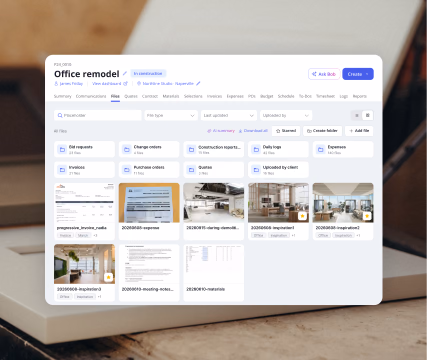 Billdr project files for an office remodel organized into folders for bids, change orders, invoices and daily logs
