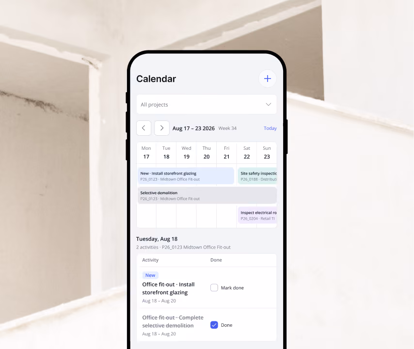 Billdr mobile calendar showing the week's scheduled activities across commercial projects