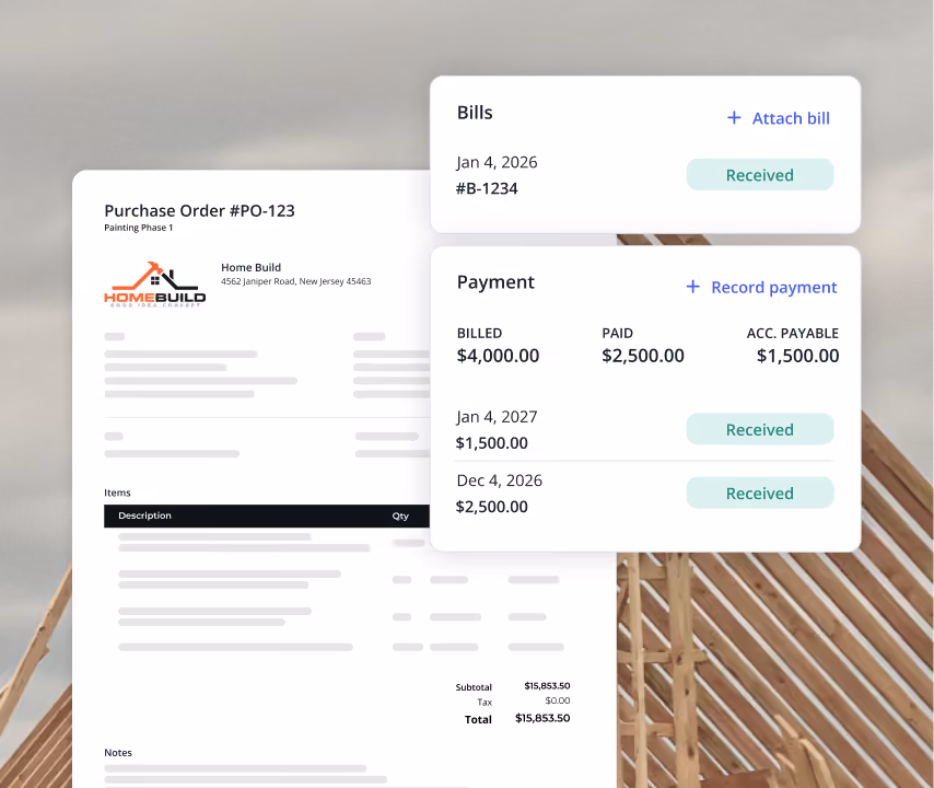 Billdr purchase order with linked bills and payments showing billed, paid and accounts payable amounts