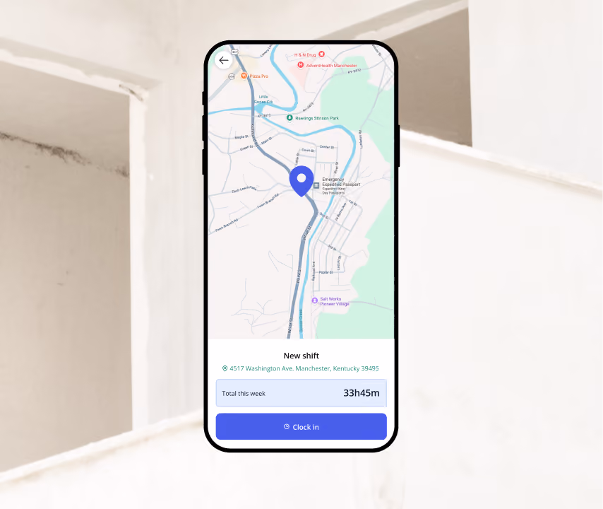 Billdr mobile time clock showing the jobsite on a map, weekly hours and a Clock in button