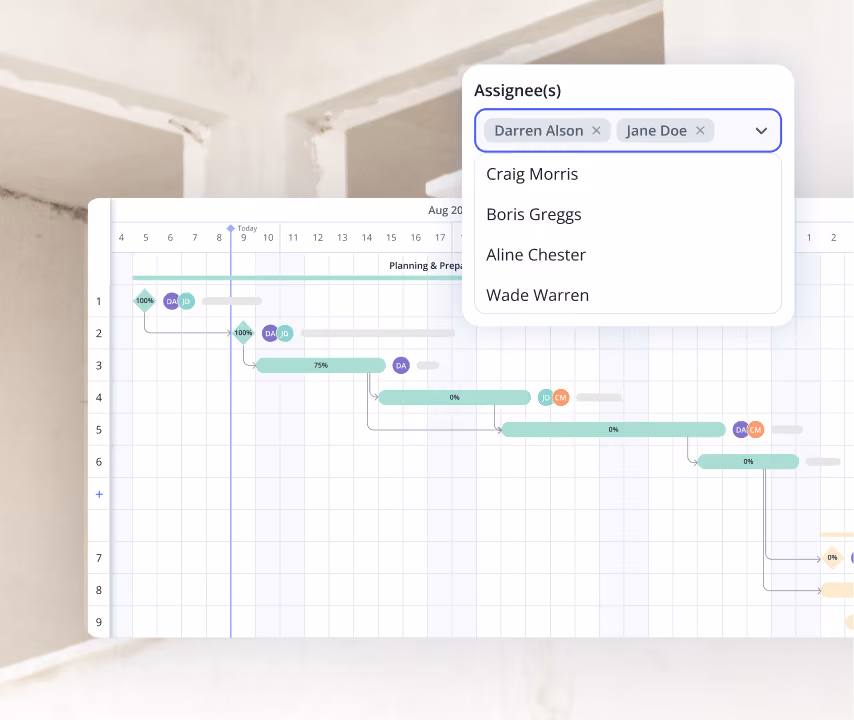 Billdr Gantt schedule assigning trades to dependent tasks across a home build