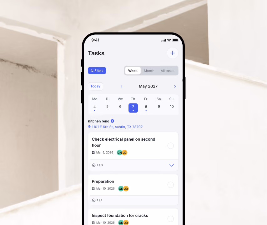 Billdr mobile task and punch list with due dates and assigned crew members