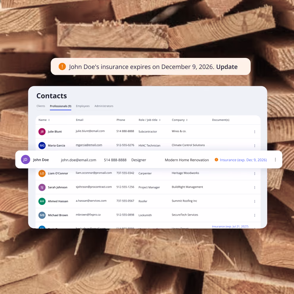 Billdr contacts list of subcontractors and suppliers with an alert that a contractor's insurance is about to expire