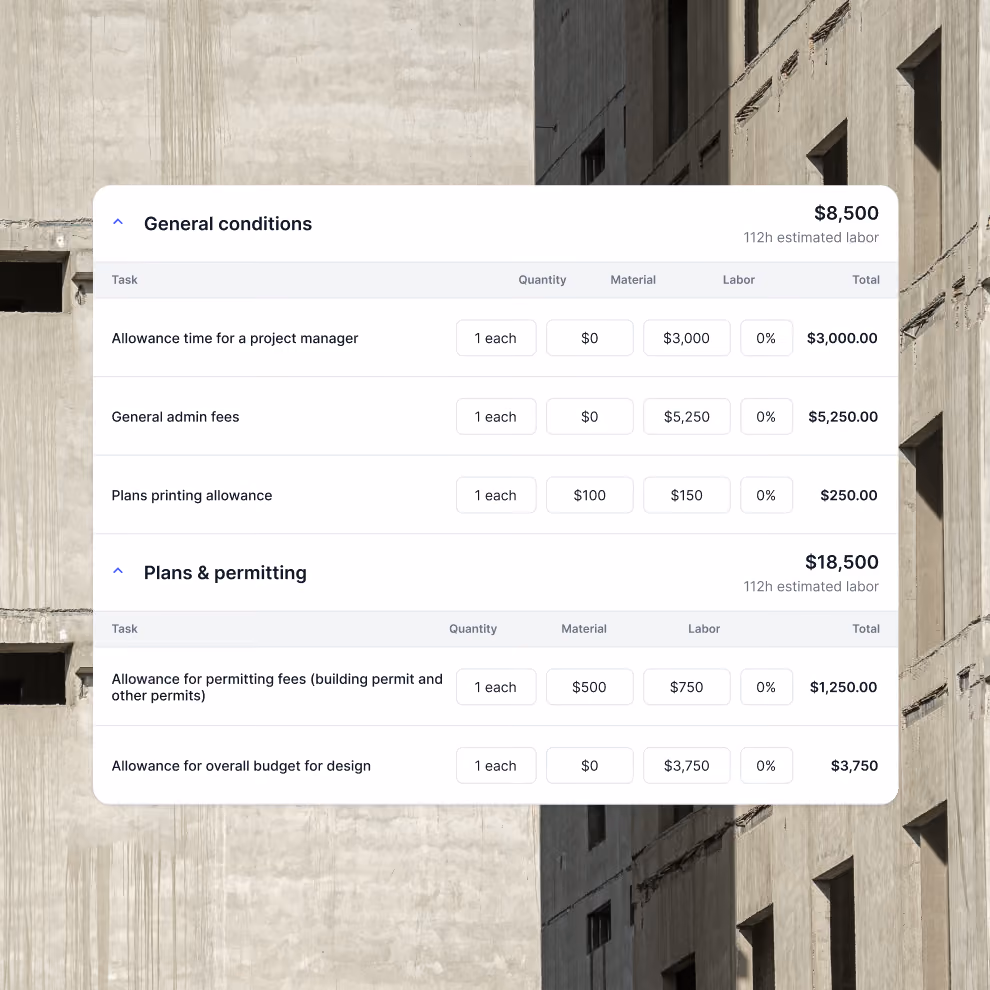 Billdr estimate with general conditions and permitting line items, each with quantity, material, labor, markup and total