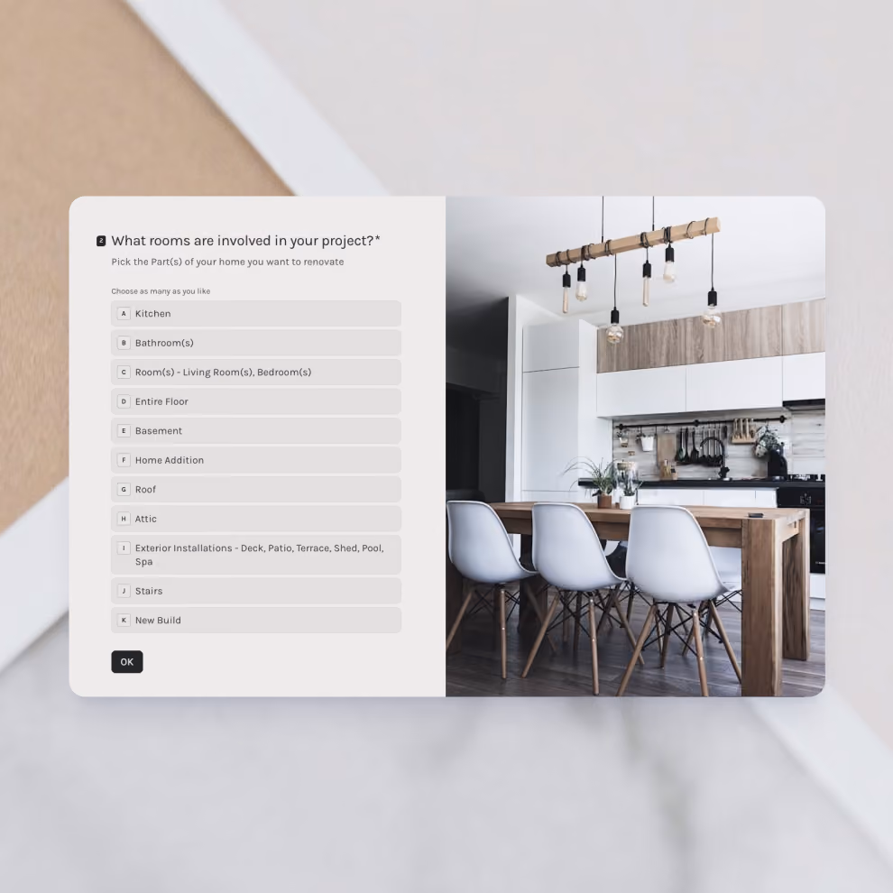 Billdr Magic Link form asking a client which rooms are involved in their project