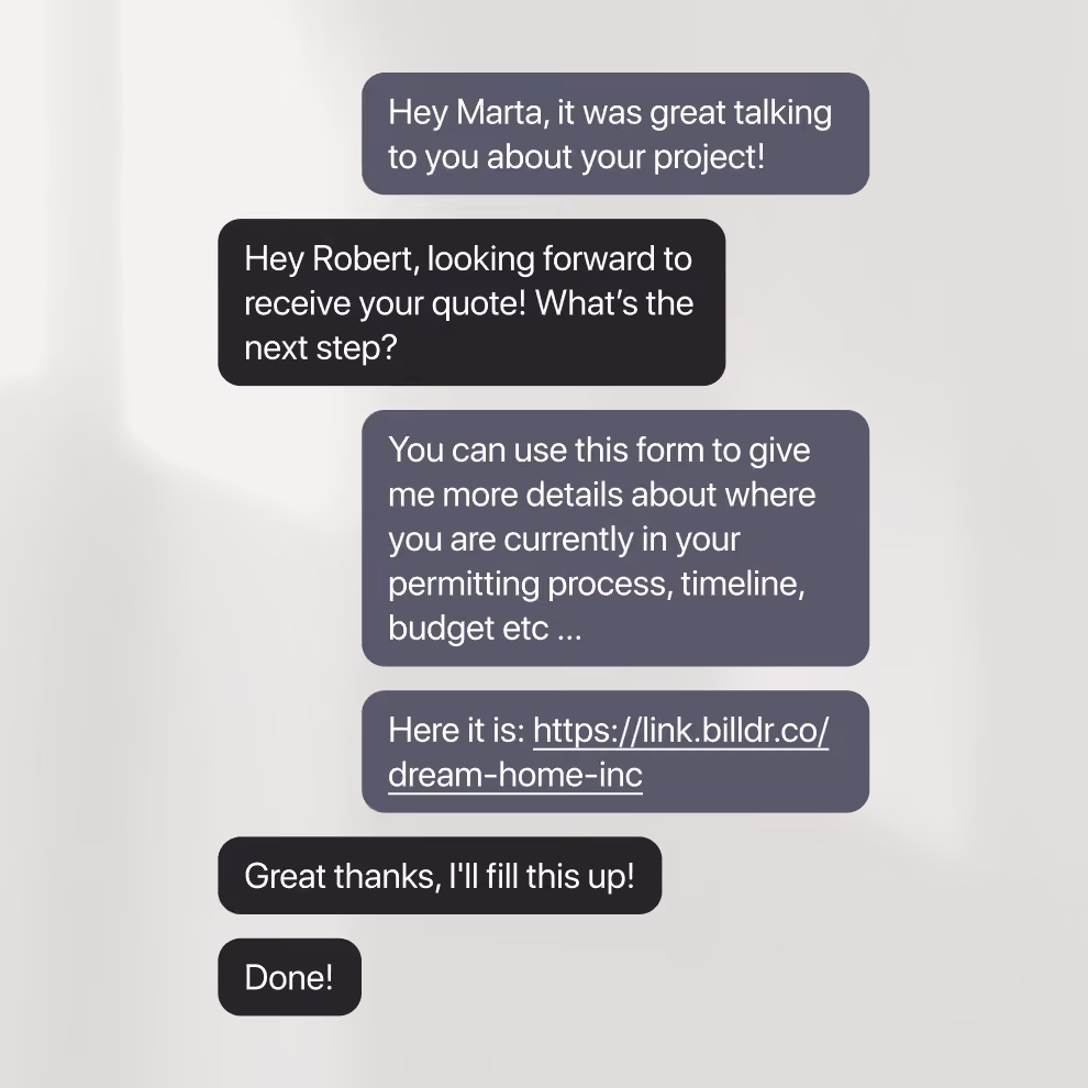 Text conversation where a contractor sends a client their Billdr Magic Link form to share project details