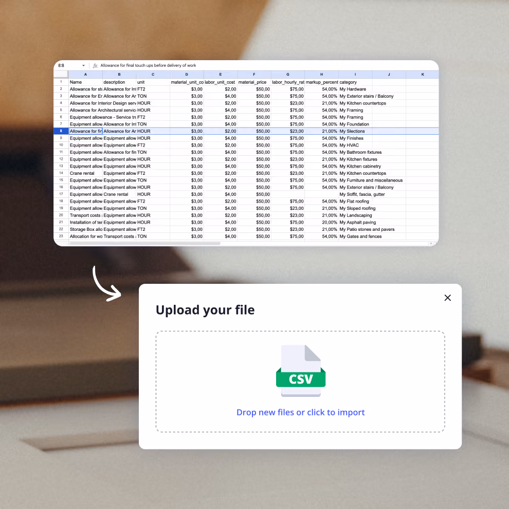 Importing your own cost data into Billdr from a CSV spreadsheet