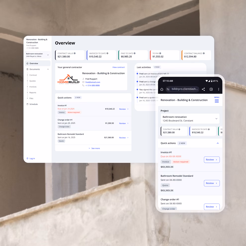 Billdr client dashboard on desktop and mobile showing contract value, amount paid, balance and pending invoices and quotes