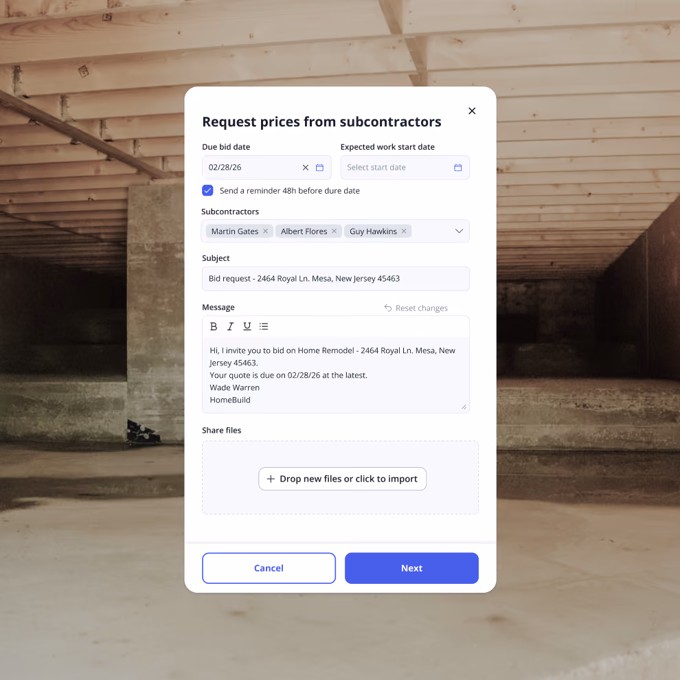 Sending a bid request to subcontractors in Billdr with due date, message and attached project files