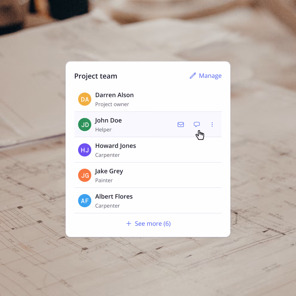 Billdr project team list with each member's role, such as project owner, carpenter and painter
