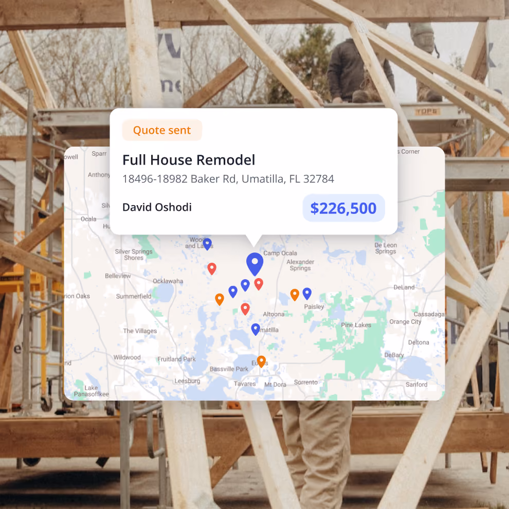 Billdr interactive map pinning leads and projects by location, with a quoted full house remodel highlighted