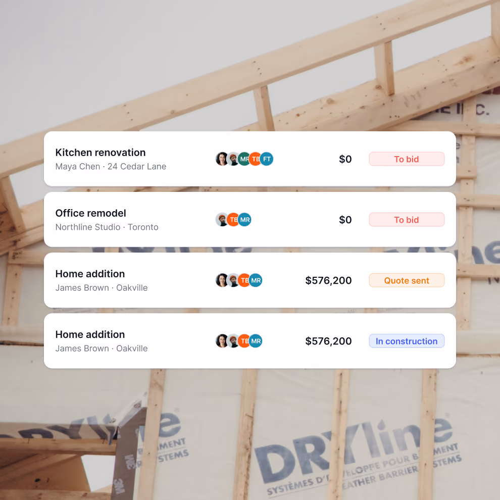 Billdr lead list showing construction projects with estimated value and status: to bid, quote sent and in construction