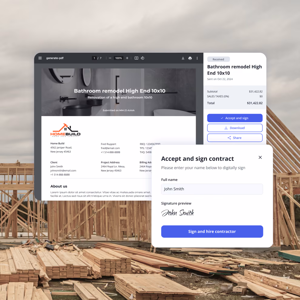 Client accepting and electronically signing a contract from their Billdr dashboard