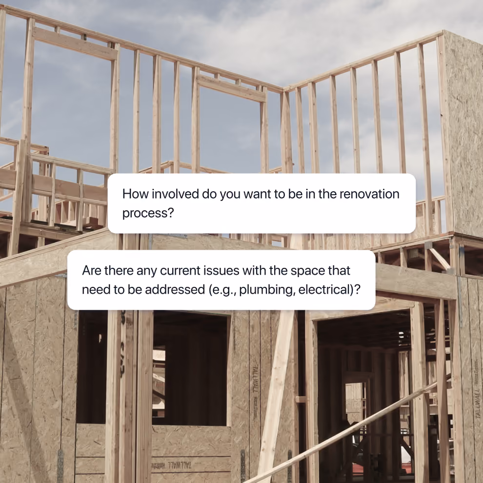 Custom questions in the Billdr project form about the client's involvement and existing issues with the space
