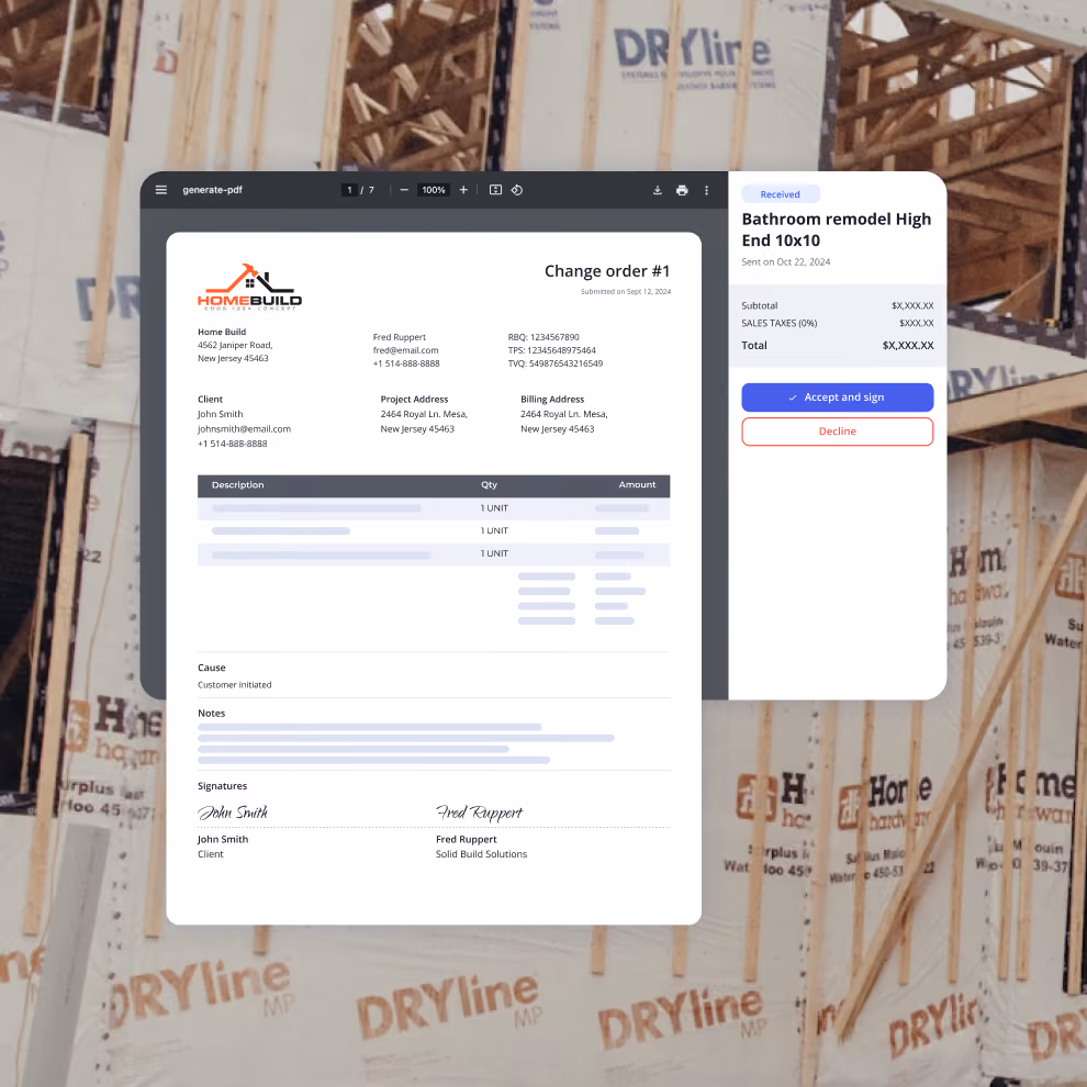Client reviewing a change order in their Billdr dashboard with options to accept and sign or decline