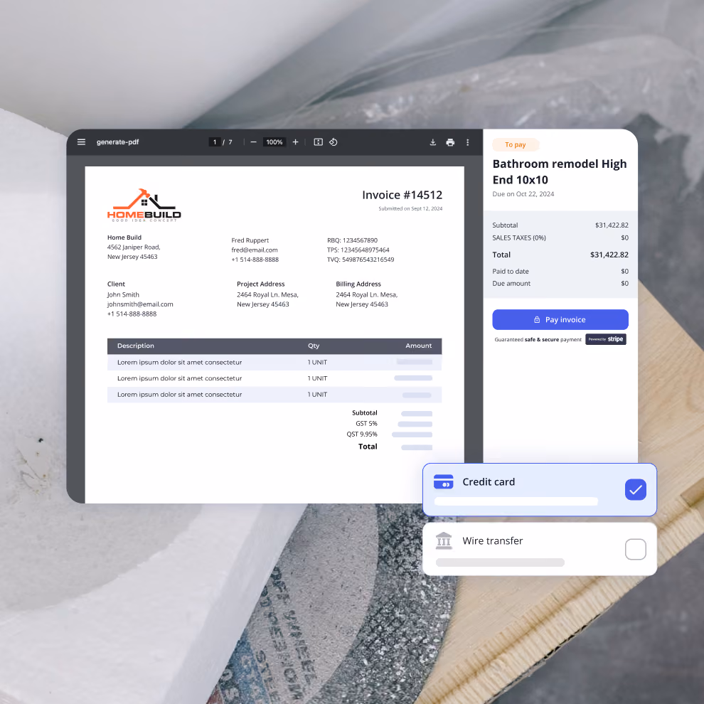 Client paying a Billdr invoice online by credit card or wire transfer