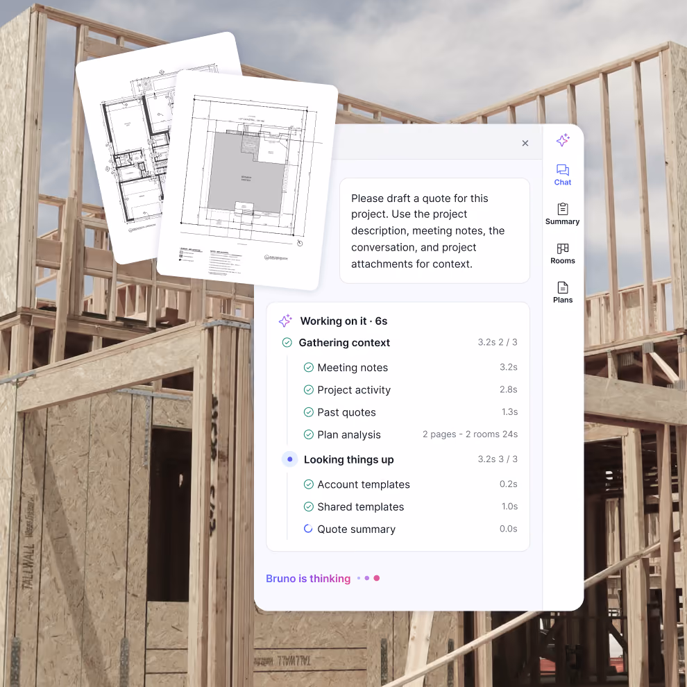 Bruno, Billdr's AI estimator, drafting a quote from floor plans, meeting notes and past quotes