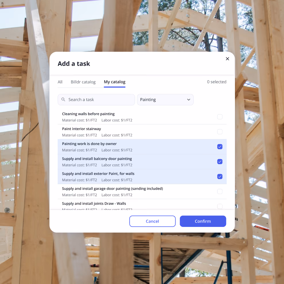 Adding painting tasks from your own cost catalog in Billdr, with material and labor cost for each task