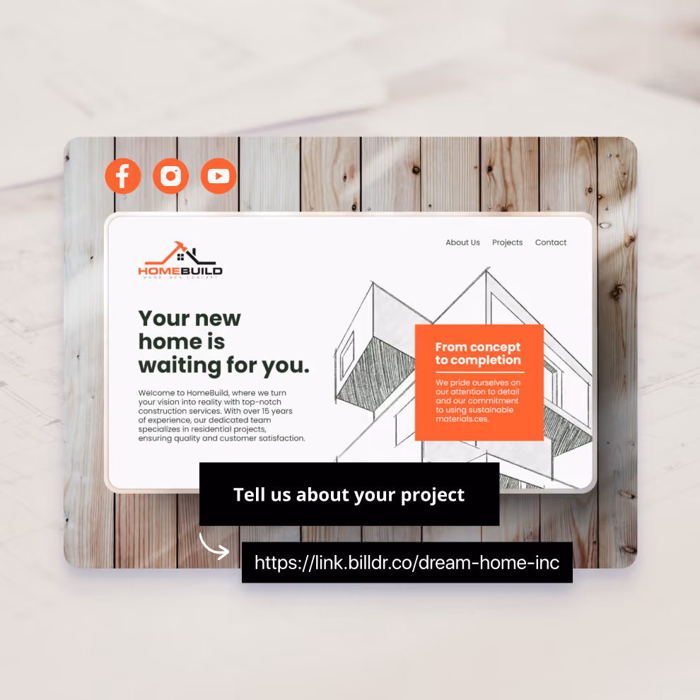 Contractor website with a Tell us about your project button linking to the Billdr Magic Link form
