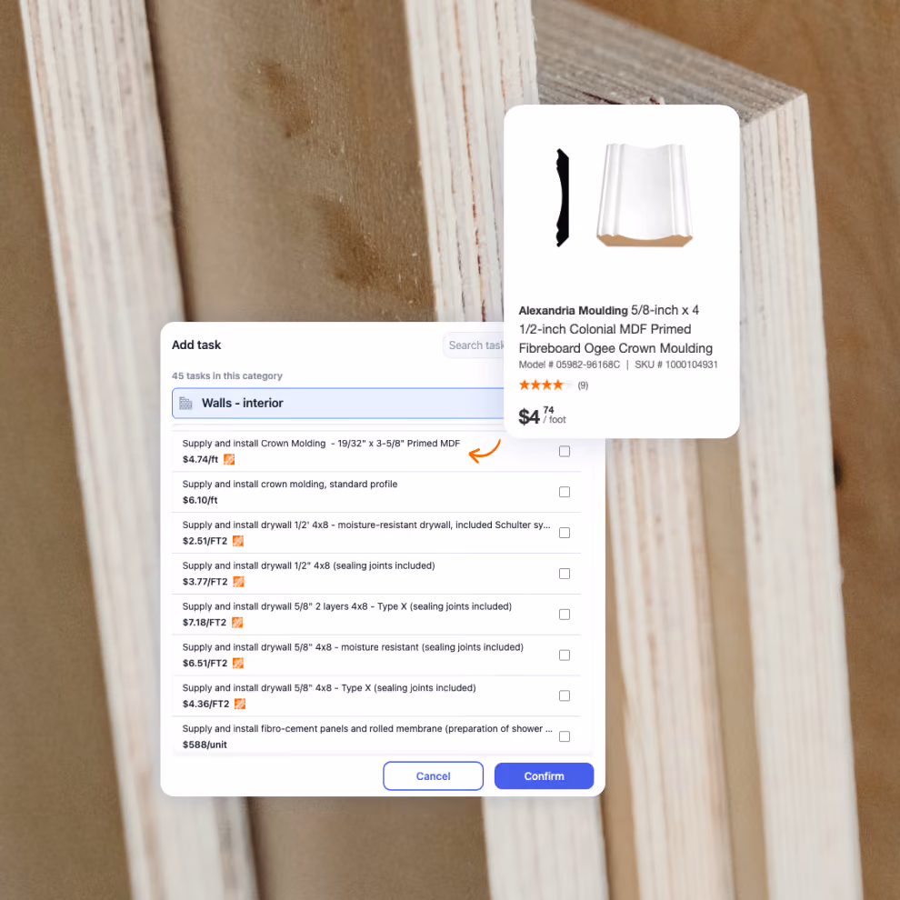 Adding drywall and moulding tasks to a Billdr estimate with live Home Depot product pricing