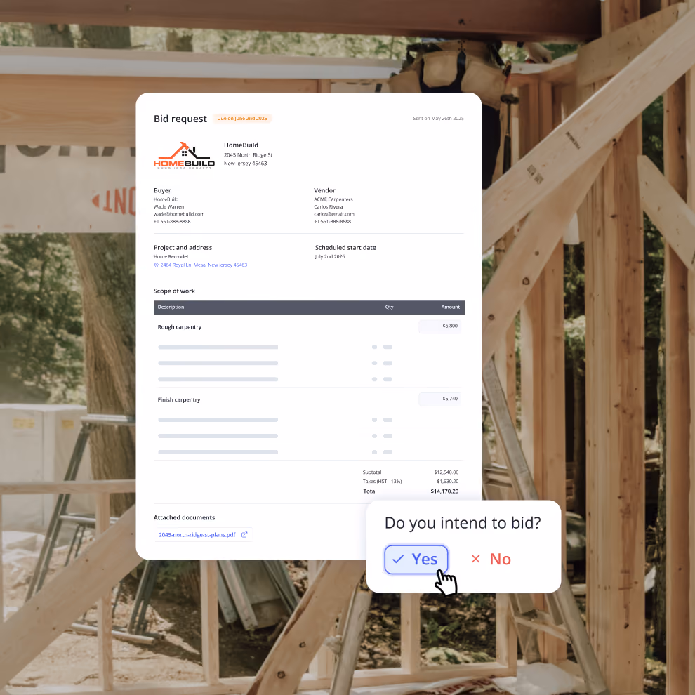 Subcontractor viewing a Billdr bid request with scope of work and confirming they intend to bid