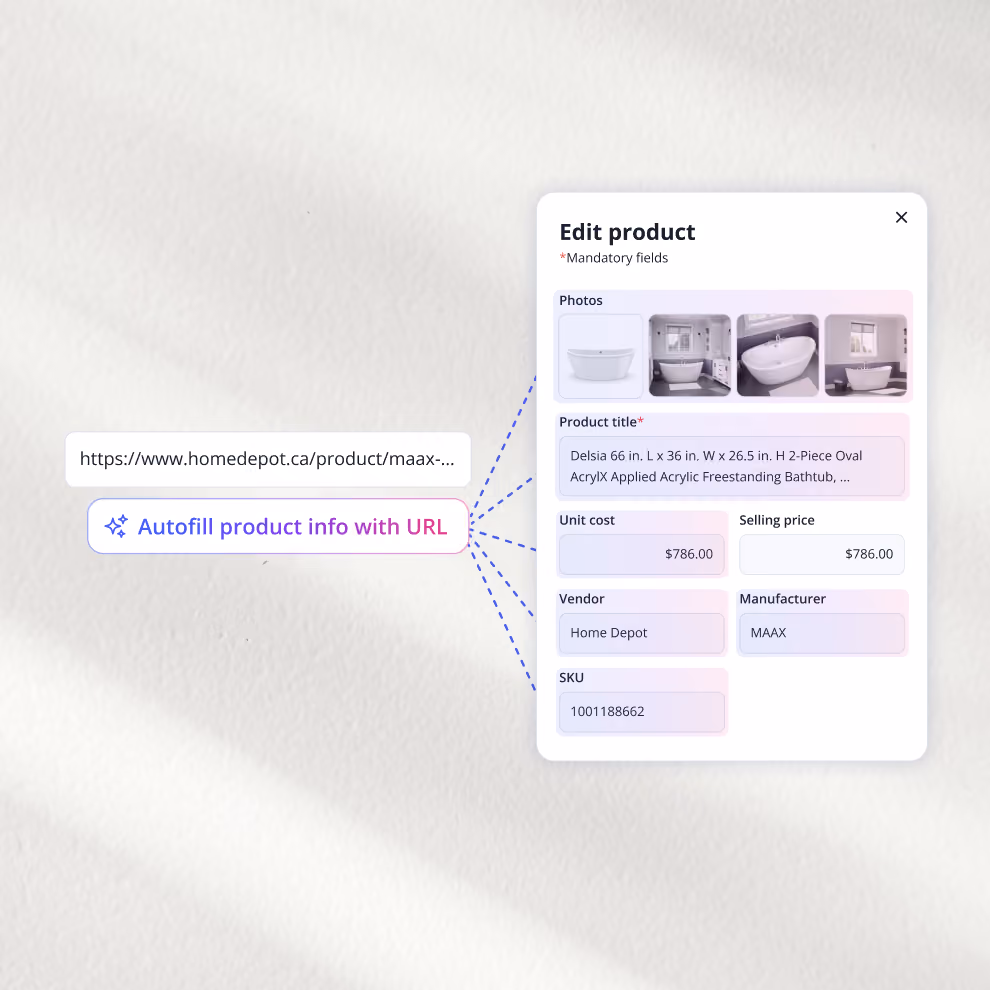 Pasting a Home Depot product URL into Billdr to autofill the product's photos, title, cost, vendor and SKU