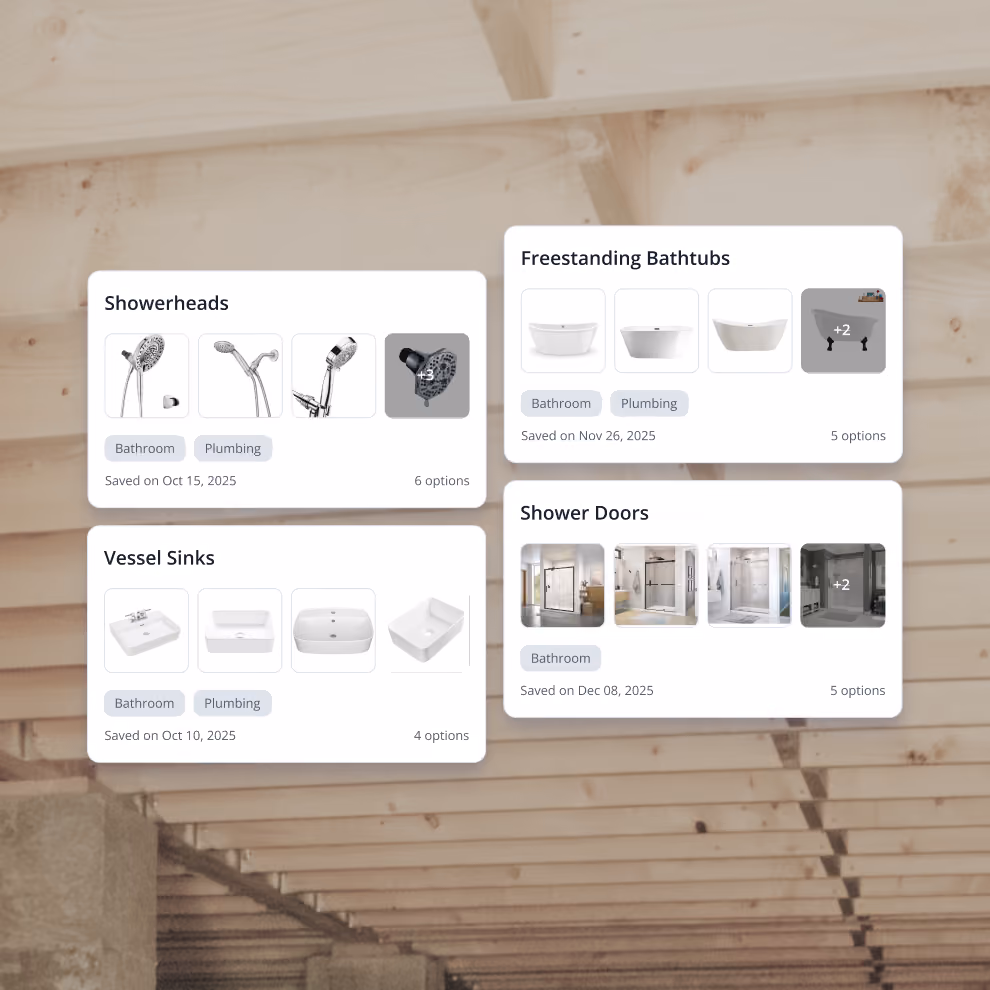 Reusable Billdr selection groups for showerheads, bathtubs, vessel sinks and shower doors
