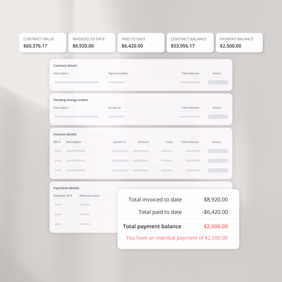 Budget update in a Billdr construction report showing contract value, invoiced and paid amounts and the balance due