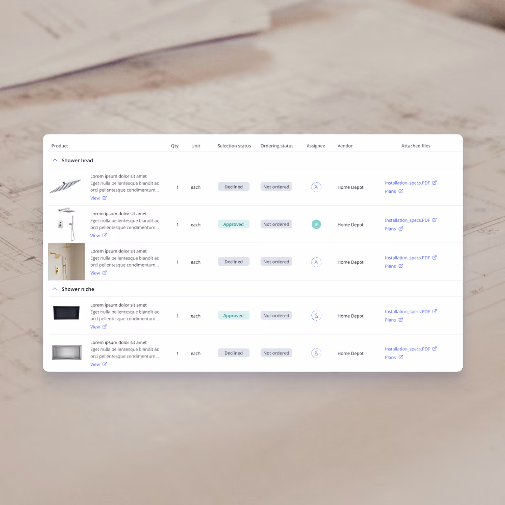 Billdr board view listing material selections with quantity, selection status, ordering status and vendor