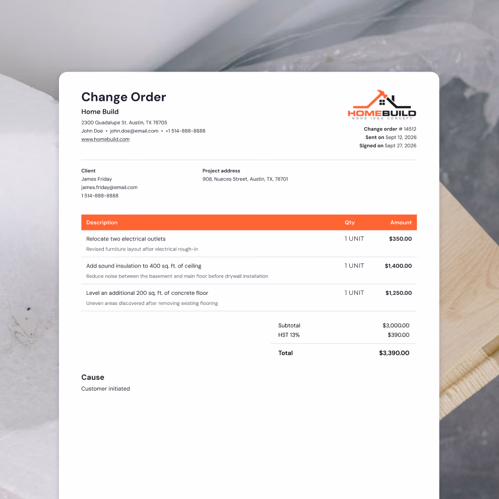 Billdr change order document with line-item descriptions, quantities, amounts, tax and total