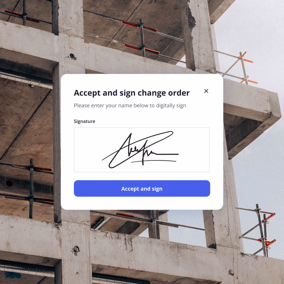 Client accepting and electronically signing a change order in Billdr