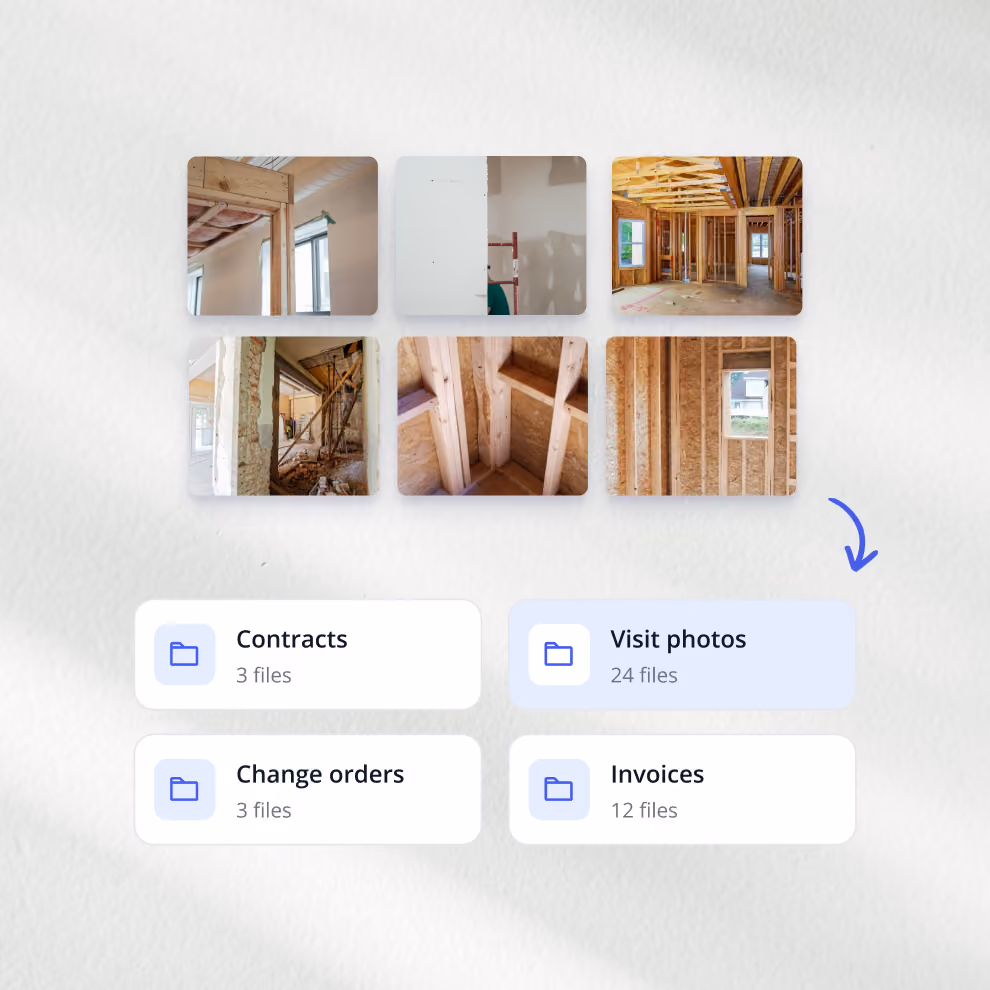 Project photos sorted into Billdr folders for contracts, visit photos, change orders and invoices