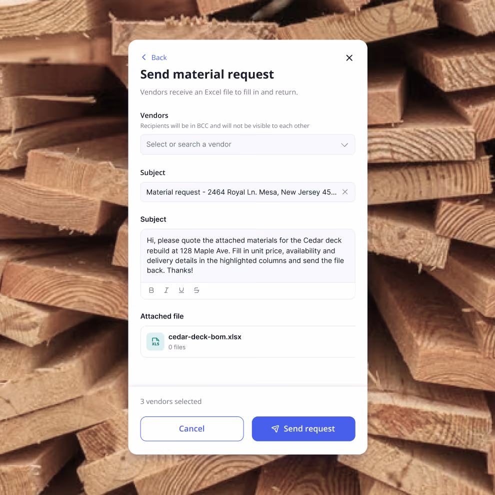 Sending a material price request to suppliers from Billdr with the bill of materials attached as a spreadsheet