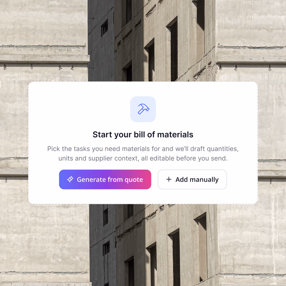 Starting a bill of materials in Billdr, with the option to generate it from a quote or add items manually