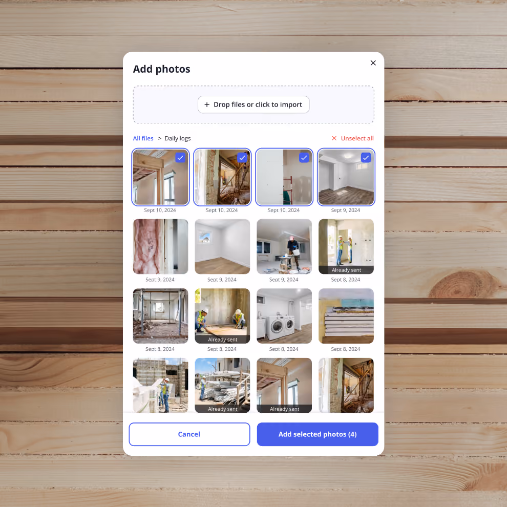 Selecting jobsite photos from daily logs to add to a Billdr construction report