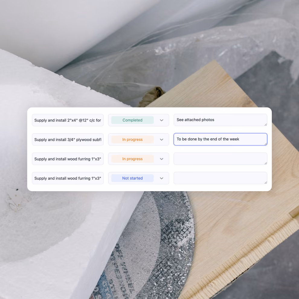 Task progress tracking in Billdr with each task marked completed, in progress or not started