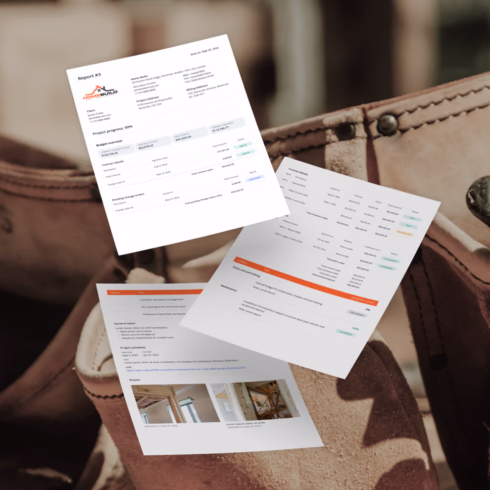 Professional construction report pages generated by Billdr with progress, budget and photos