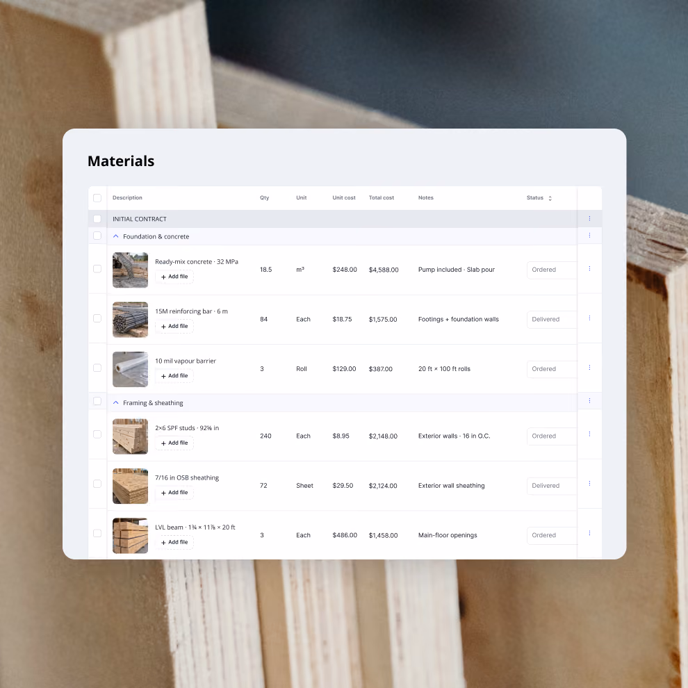 Billdr bill of materials listing each material with quantity, unit, cost, notes and ordering status