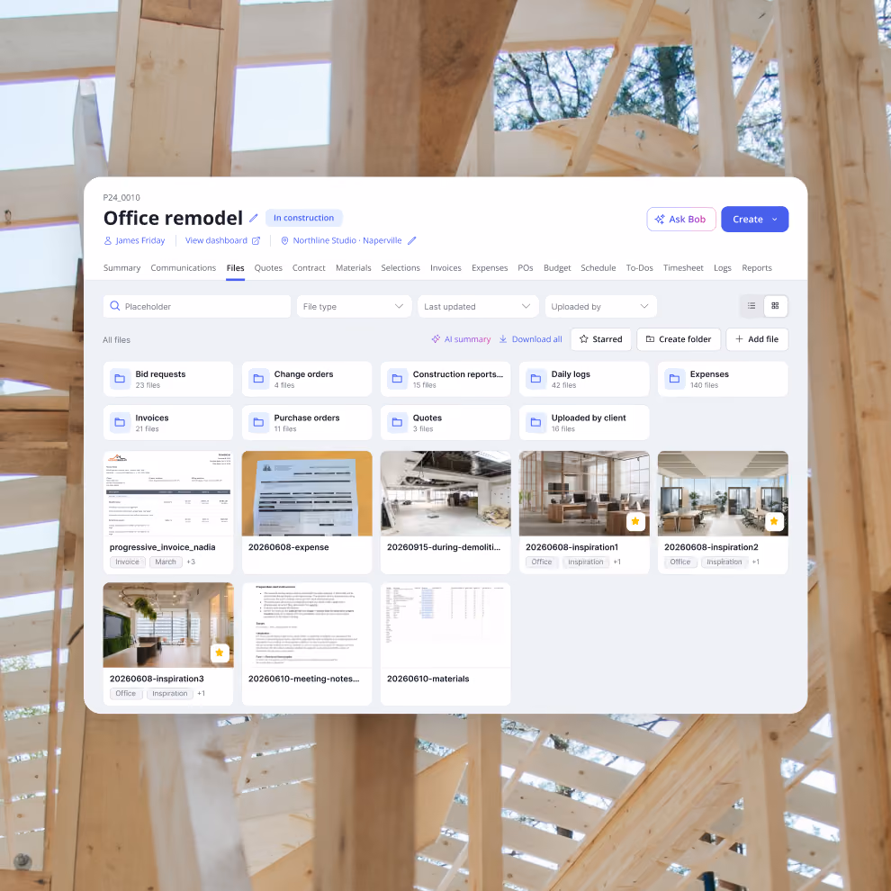 Billdr project files workspace with folders for bid requests, change orders, invoices, quotes and daily logs