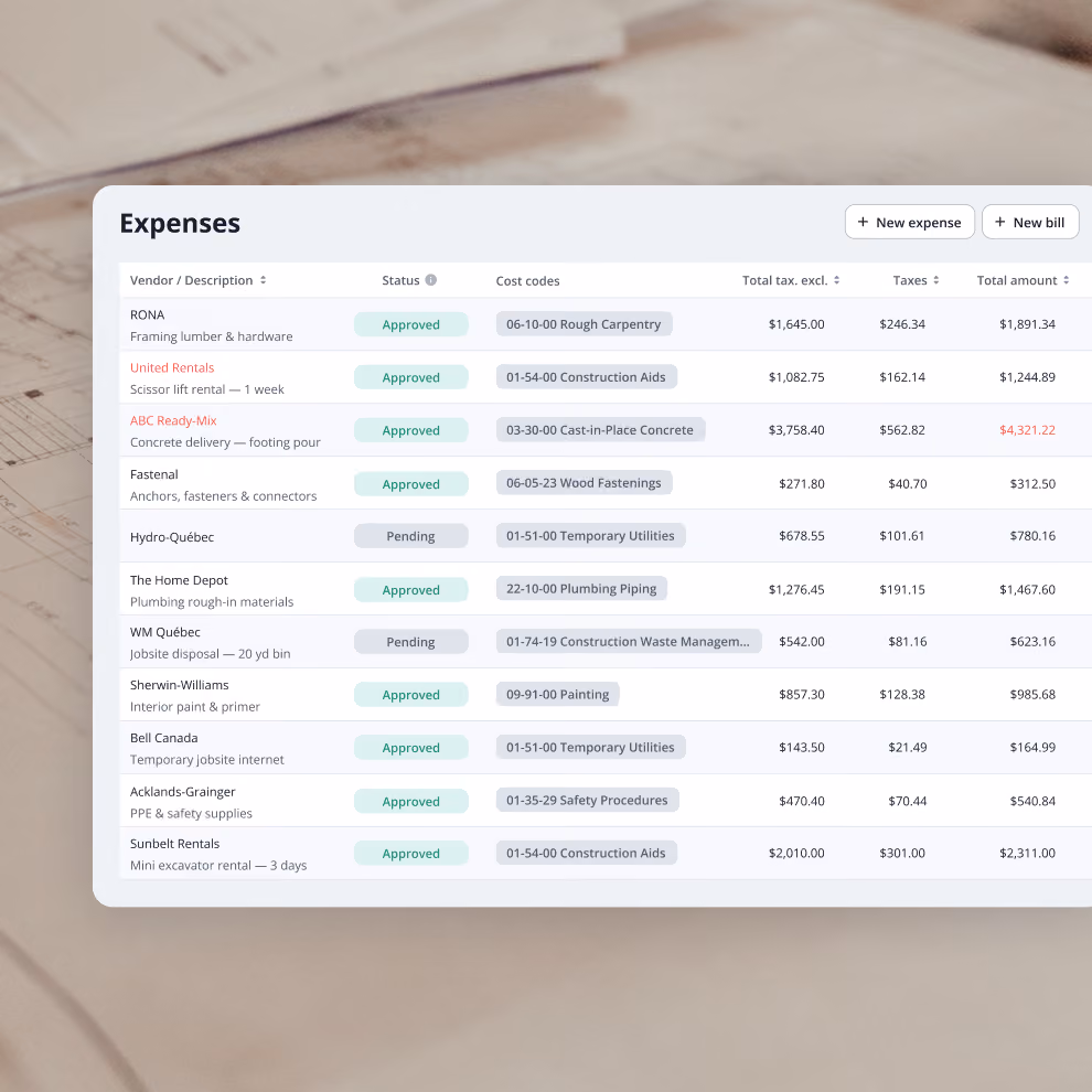 Billdr project expenses table with vendors, approval status, cost codes and amounts