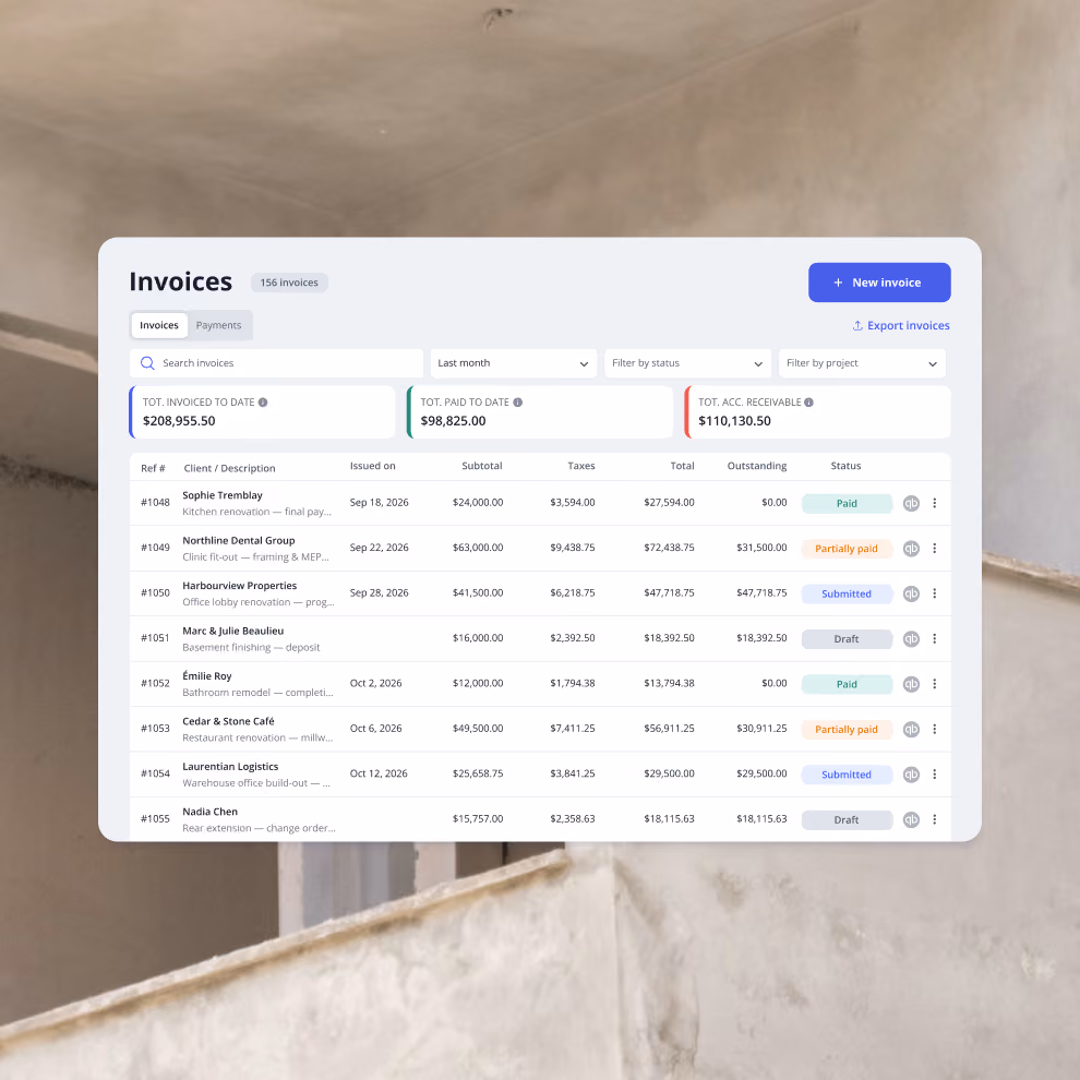 Billdr invoices list with outstanding totals and paid, partially paid and overdue statuses