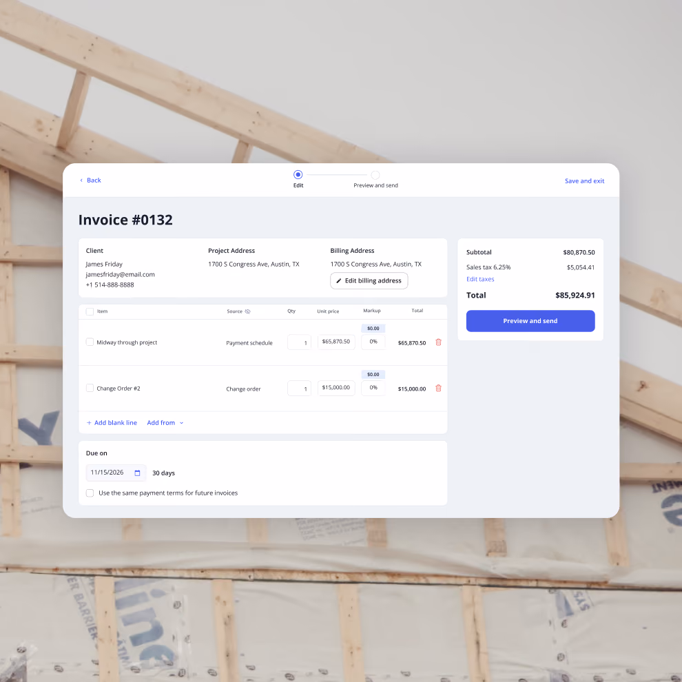 Billdr invoice editor showing client, project address, billing address, line items and invoice total