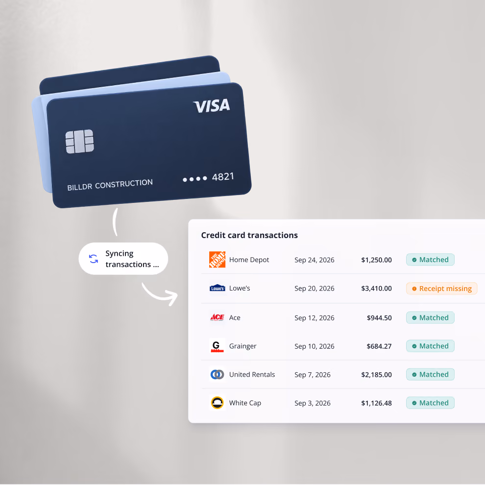 Company credit card transactions in Billdr matched to receipts, with one flagged as receipt missing