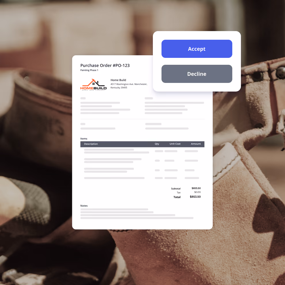 Purchase order awaiting approval in Billdr with Accept and Decline buttons