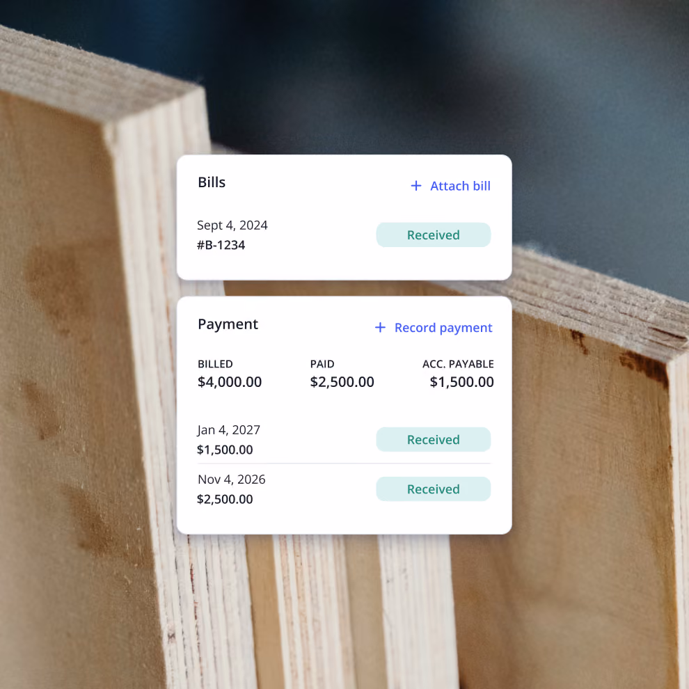Bills and payments linked to a purchase order in Billdr showing billed, paid and payable amounts