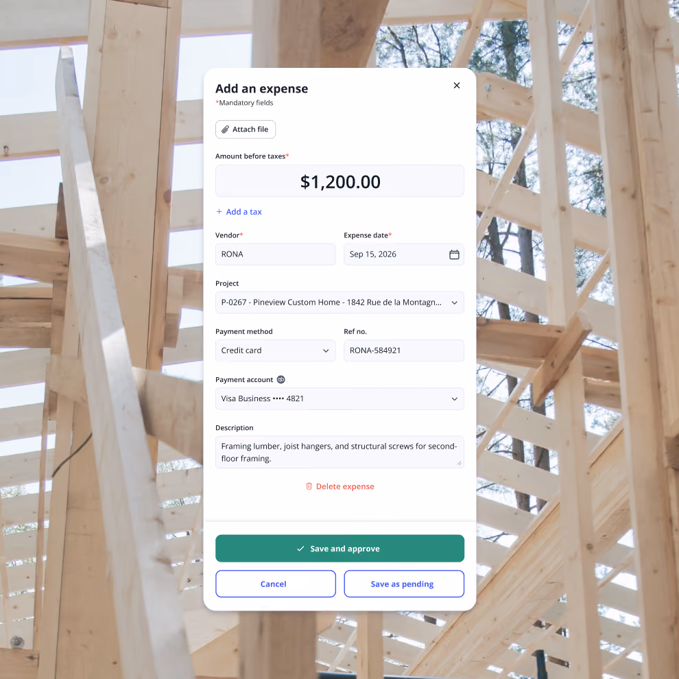 Billdr add-an-expense form with amount, vendor, project and payment account ready to save and approve