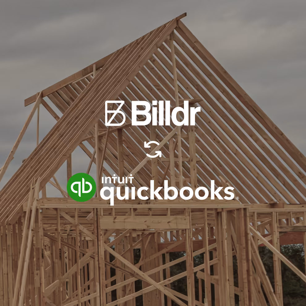Billdr and QuickBooks logos with sync arrows over a house framing site