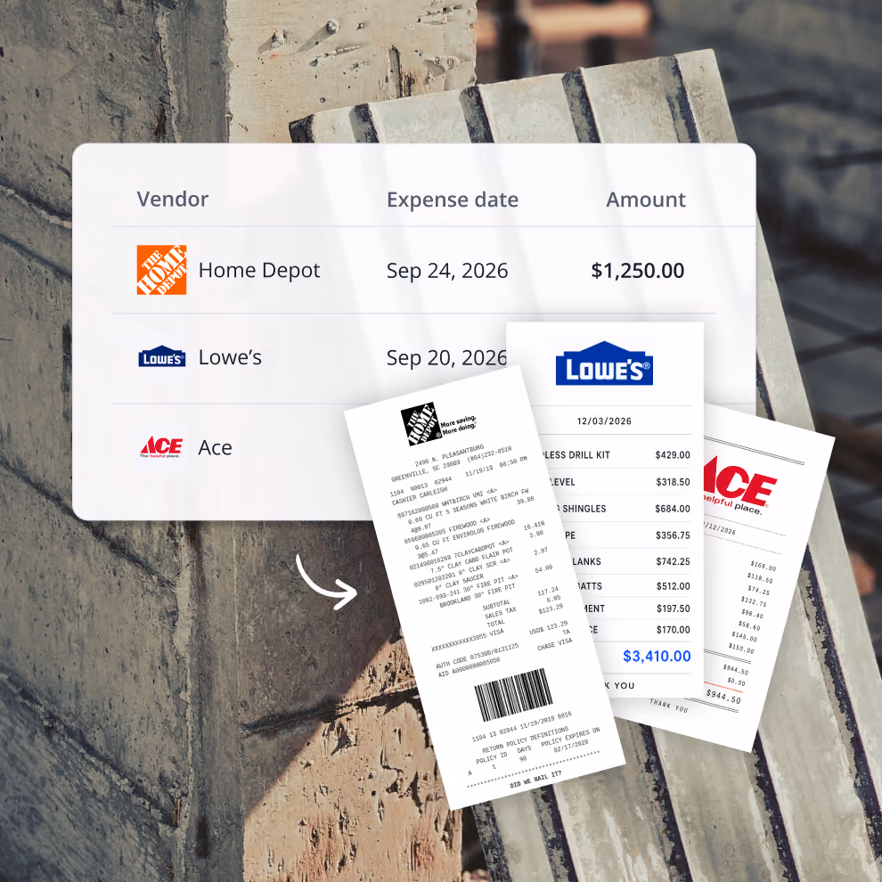 Billdr expense list with Home Depot, Lowe's and Ace receipts captured and assigned